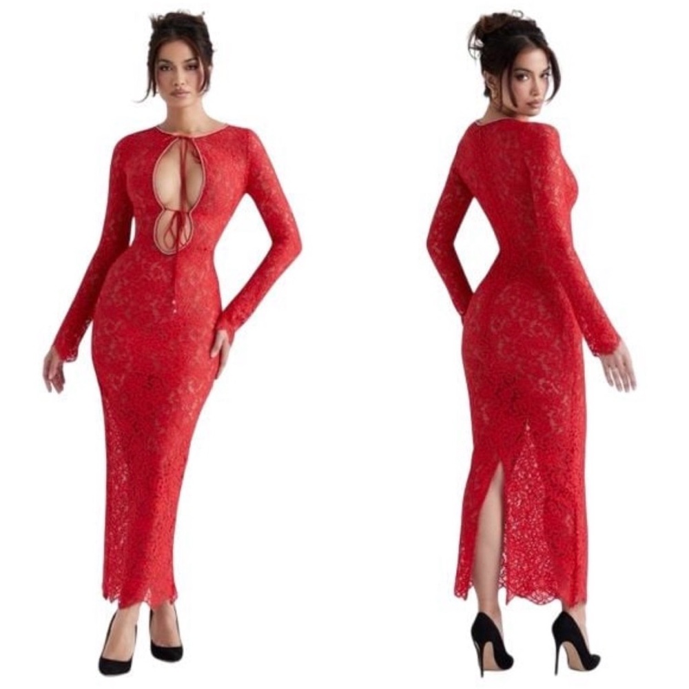 NEW House of CB Lisandra Lace Maxi Dress Red Crystal Trim Cutout Long Sleeve XS - Picture 14 of 15